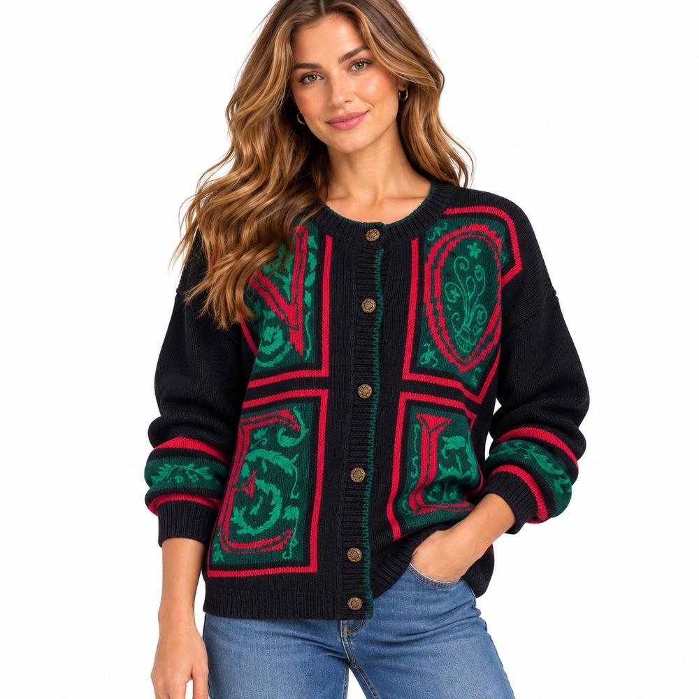 Vintage 90s Bryn Connelly NOEL Christmas Cardigan L Embroidered Holiday Sweater